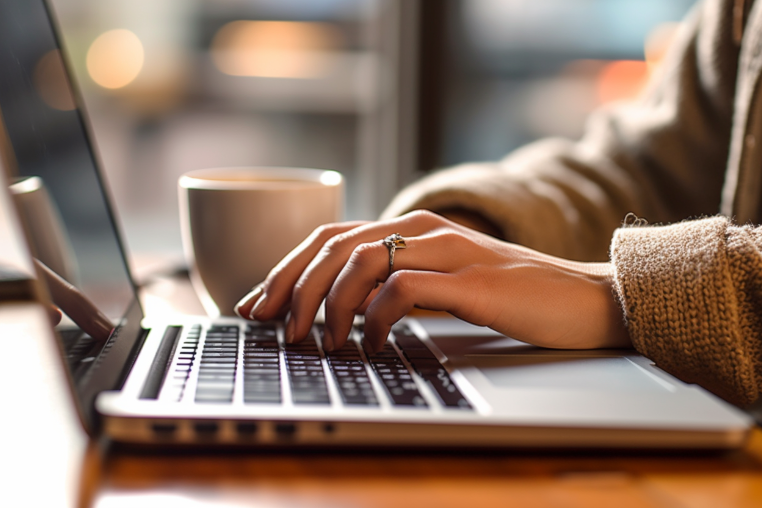 person sitting at a laptop with their left hand on the keyboard, as if they are about to type something