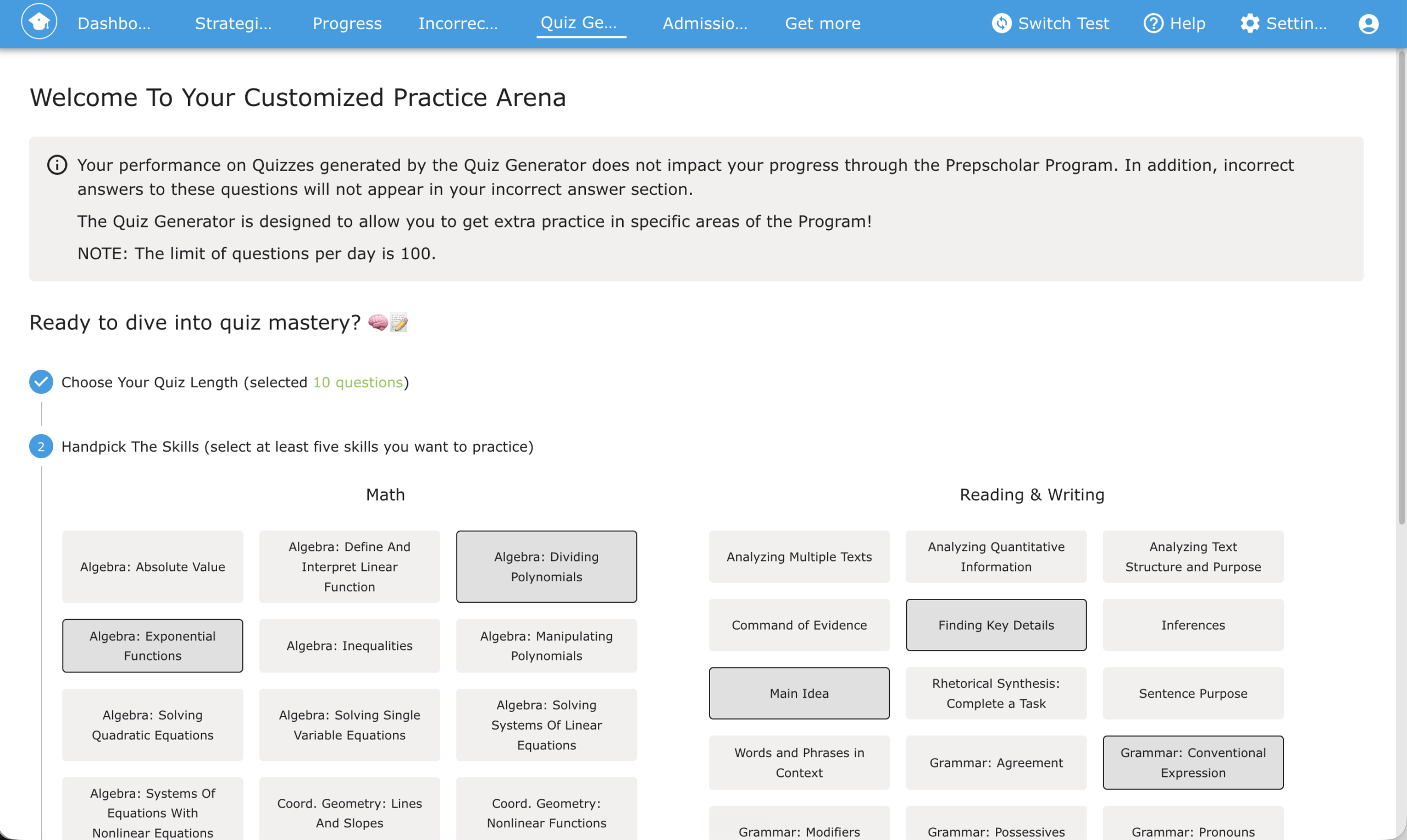 Screenshot showing the quiz generator of PrepScholar's SAT prep